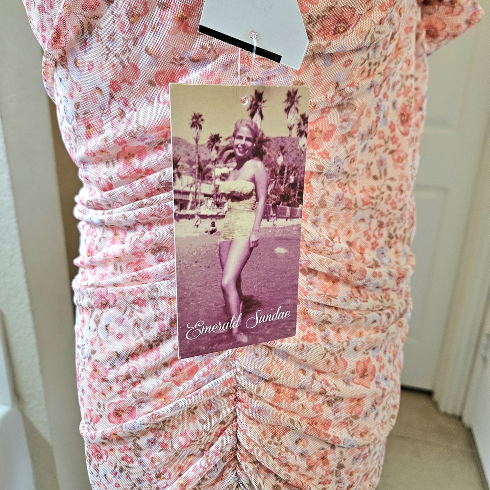 Emerald Sundae Floral Ruched Mesh Bodycon Dress  SIZE XL in Coral Pink NWT - Picture 8 of 10